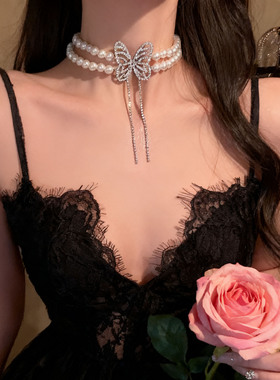 超闪镶钻蝴蝶双层珍珠串珠项链女