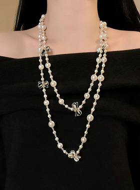 时髦高级感蝴蝶结珍珠串珠项链女
