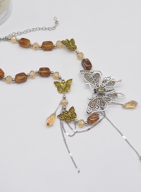 水晶金属流苏女金属蝴蝶锁骨链