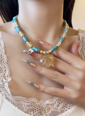 复古松石串珠树脂爱心吊坠项链女