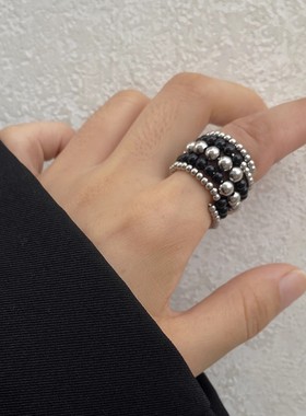 多层缠绕金属圆珠珍珠戒指宽版潮