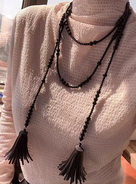 复古黑色仿玛瑙串珠流苏项链女款