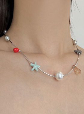 多巴胺彩色水晶海星珍珠项链颈链