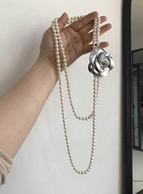 蓝色山茶花双层珍珠串珠项链女款