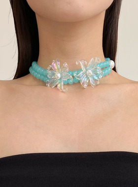 双层珍珠串珠花朵项链choker女