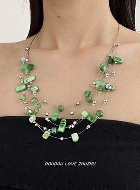 夸张不规则水晶串珠贝壳叠戴项链