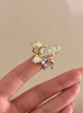 新中式银色白鸢尾花开口戒指女款