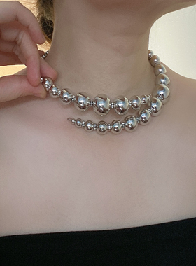 金属串珠女银色圆球项圈锁骨链