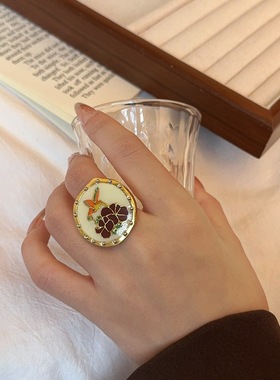 中古风几何椭圆小鸟采花戒指珐琅