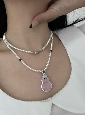 珍珠串珠项链女粉色钱袋子吊坠长