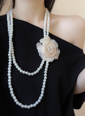 气质轻奢珍珠串珠布艺大花项链女