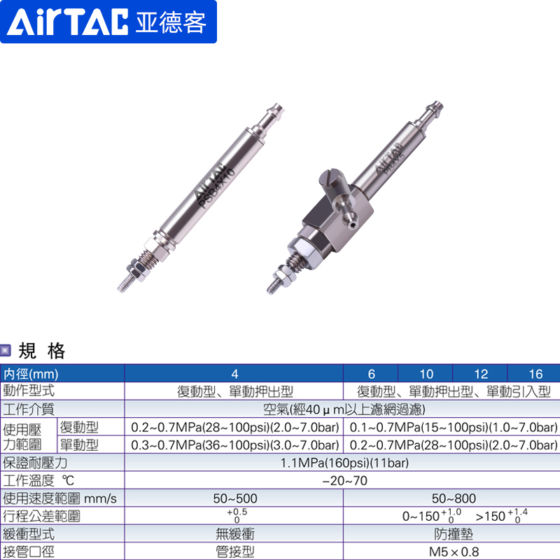 亚德客气动迷你小型笔型微型气缸PSB/PB4X5X10*15X20-25X30X35X40 - 图2