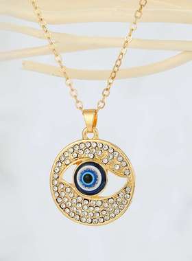 欧美新款恶魔之眼项链点钻镂空土耳其蓝眼睛项链吊坠外贸饰品