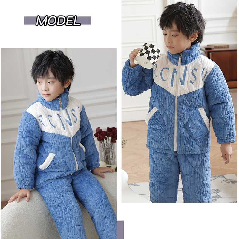 冬季儿童睡衣三层夹棉男童女童加绒加厚款男孩中大童高领保暖套装 - 图1