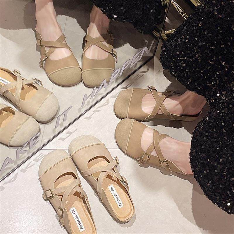 2024年春夏季包头一字扣带交叉款圆头拖鞋舒适百搭简约时尚拖鞋,淘宝优惠券,粉丝福利购,淘宝优惠卷