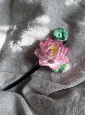 非遗绒花荷花莲花古风发饰步摇汉服头饰新中式发钗木簪盘发