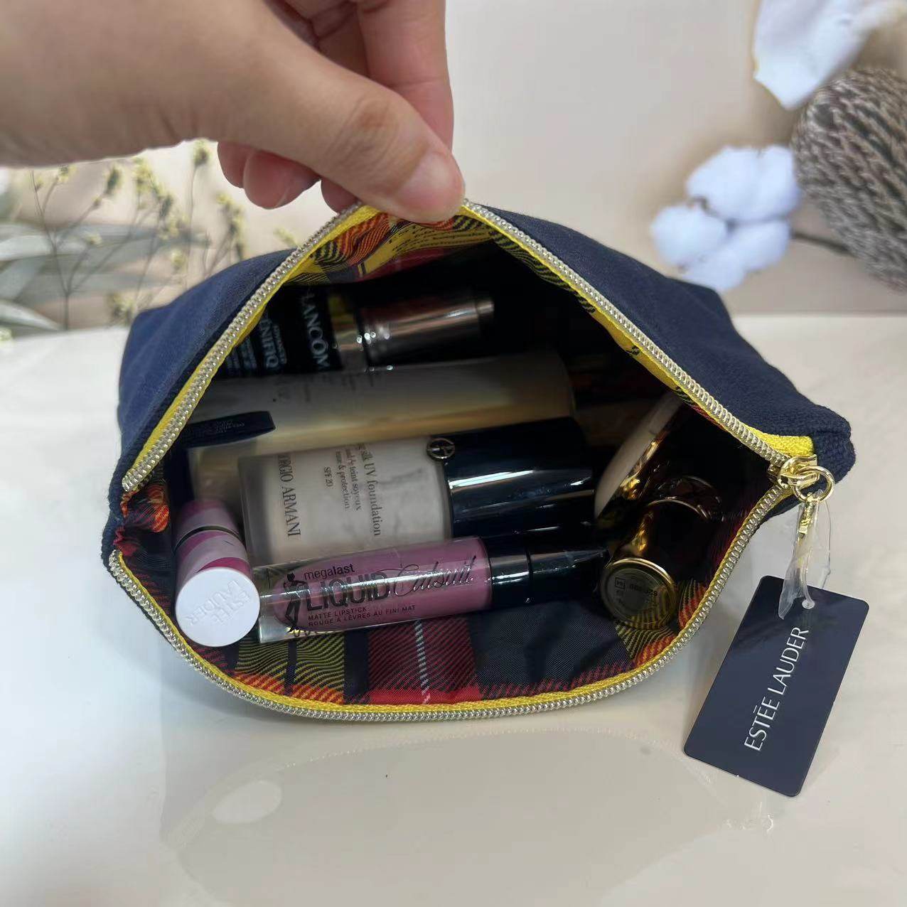 雅诗兰黛藏蓝色海军标帆布化妆包大容量旅行收纳包整理包,淘宝优惠券,粉丝福利购,淘宝优惠卷