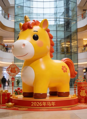 玻璃钢卡通马年吉祥物摆件马上发财商场引流雕塑商业街潮玩景观