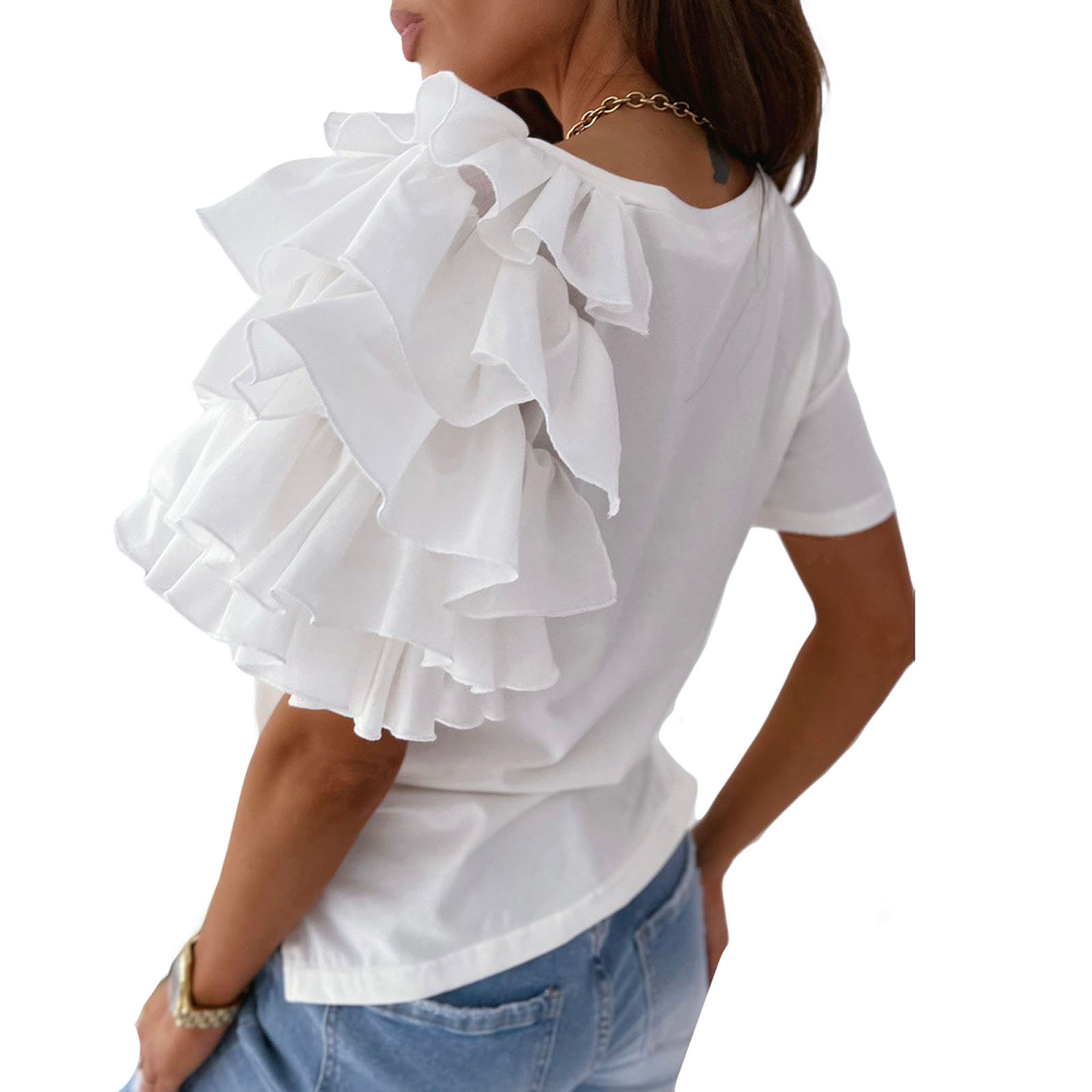 or Tops Short Ruffle Sleeve Round Neck Pullover TShirts Tees-图2