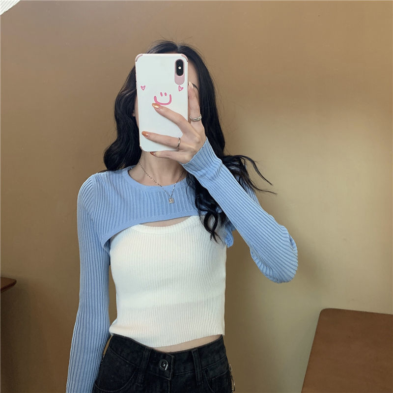 Long Sleeve Pullover Knit Cropped Blouse  套头针织衫短款罩衫 - 图2