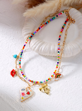 Cross-border fashion heart-shaped bow pendant necklace女项链