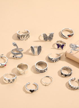 跨境女士组合戒指16PCS Ring Retro Exaggerated Butterfly love