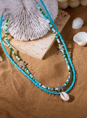 Handmade Bohemian starfish shell rice bead necklace休闲项链