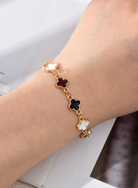 SHEIN跨境爆款饰品花朵手链时尚ing风百搭单面滴油四叶草手链批发