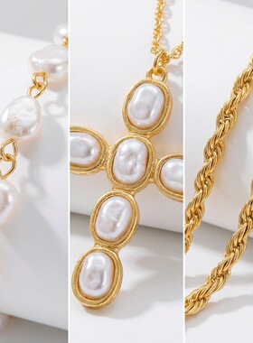 Casual accessory imitation pearl cross necklace for women女