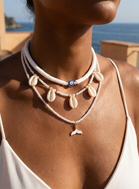 Multi-layer necklace with beach shell pendant ornaments跨境