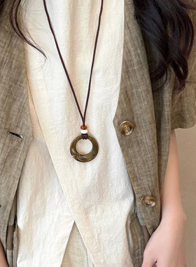 圆环吊坠黑绳长款项链女简约百搭感毛衣链秋冬小众卫衣链配饰