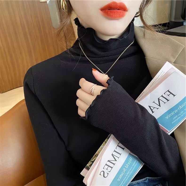 2026秋冬半高领木耳边长袖T恤打底衫女ins超火百搭加绒内搭上衣女,淘宝优惠券,粉丝福利购,淘宝优惠卷