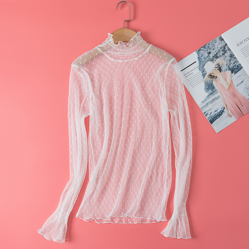 法曼薇旗舰店高领蕾丝打底衫女网纱长袖秋冬内搭喇叭袖蕾丝打底仙女气质上衣0