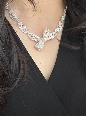 原创褶皱蝴蝶结珍珠吊坠项链韩系时尚简约颈链小众高级感百搭饰品