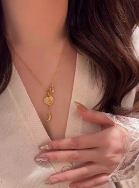 中古vintage鎏金爱心钻边月亮项链女小众精致高级感气质颈链配饰
