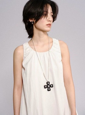 中古vintage毛衣链四叶花黑色复古长款珍珠ins项链女