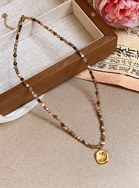 美拉德复古气质天然石串珠吊坠项链女轻奢小众设计锁骨链独特颈链