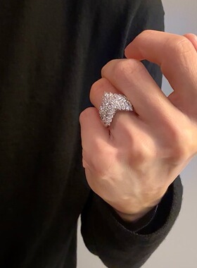 vintage中古夸张满钻爱心银色戒指轻奢小众设计高级感食指戒指环