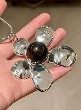 夏季新款韩系复古做旧斑驳银色花朵吊坠夸张时髦高级ins长款项链