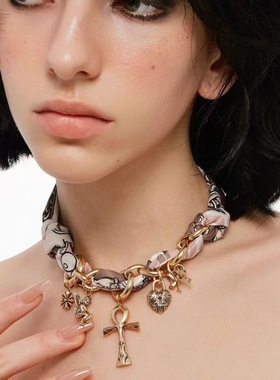 生命之石系列安卡十字架丝巾项链女欧美风暗黑复古做旧锁骨链潮