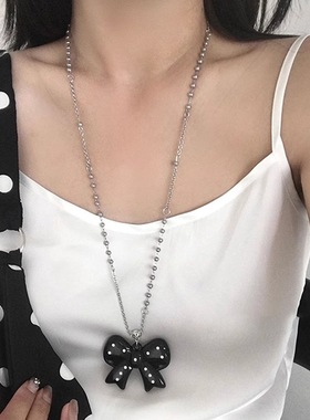 古早韩系简约波点蝴蝶结长款项链女小众百搭高级感锁骨链颈链配饰