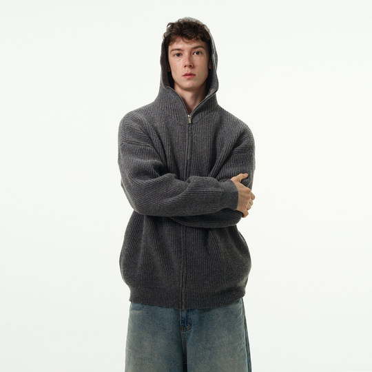 MADWITCH秋冬新款复古慵懒风针织衫男女cleanfit连帽毛衣开衫外套