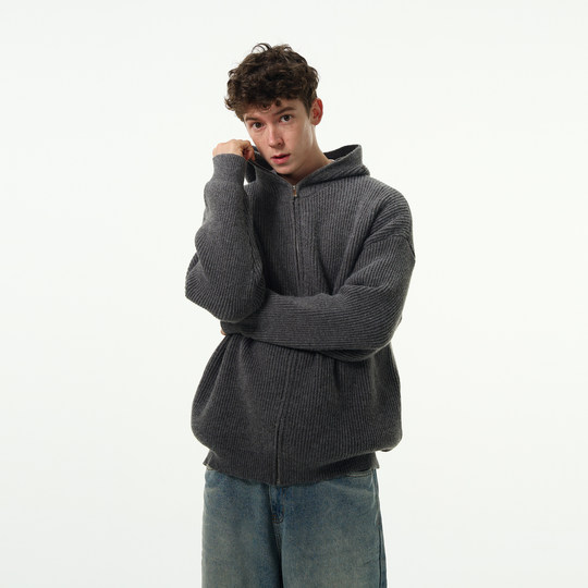 MADWITCH秋冬新款复古慵懒风针织衫男女cleanfit连帽毛衣开衫外套