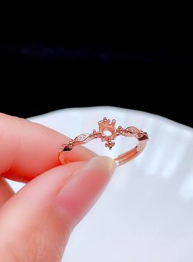 新款925银镀金戒指空托时尚简约镶嵌圆裸石3*3mm碧玺彩宝红蓝宝