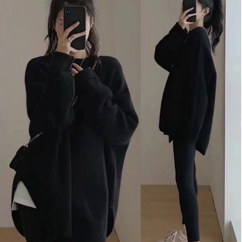 日韩新款慵懒风简约复古针织衫毛衣女秋冬外穿中长款开叉百搭上衣,淘宝优惠券,粉丝福利购,淘宝优惠卷