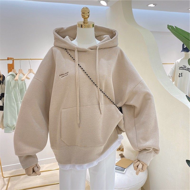 欧美卫衣女加绒加厚秋冬新款拼接假两件韩版刺绣宽松连帽外套,淘宝优惠券,粉丝福利购,淘宝优惠卷