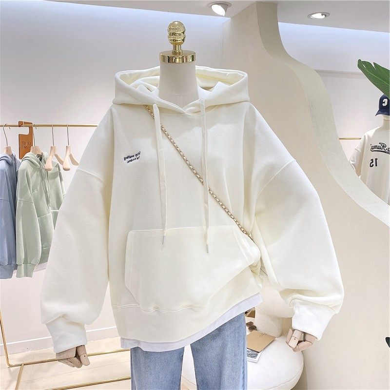 欧美卫衣女加绒加厚秋冬新款拼接假两件韩版刺绣宽松连帽外套,淘宝优惠券,粉丝福利购,淘宝优惠卷