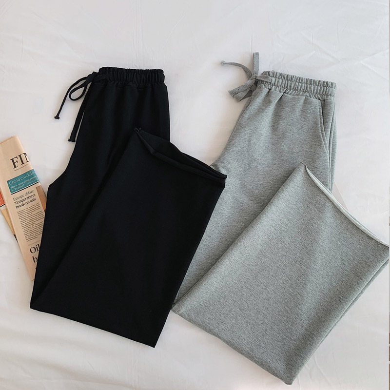 灰色阔腿裤夏季纯棉宽松直筒运动裤 黛沿休闲裤