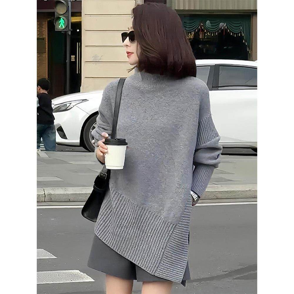 高领羊绒毛衣女秋冬开叉宽松灰色高级感中长款显瘦针织衫气质上衣,淘宝优惠券,粉丝福利购,淘宝优惠卷