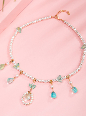 新中式绿色蝴蝶珍珠项链